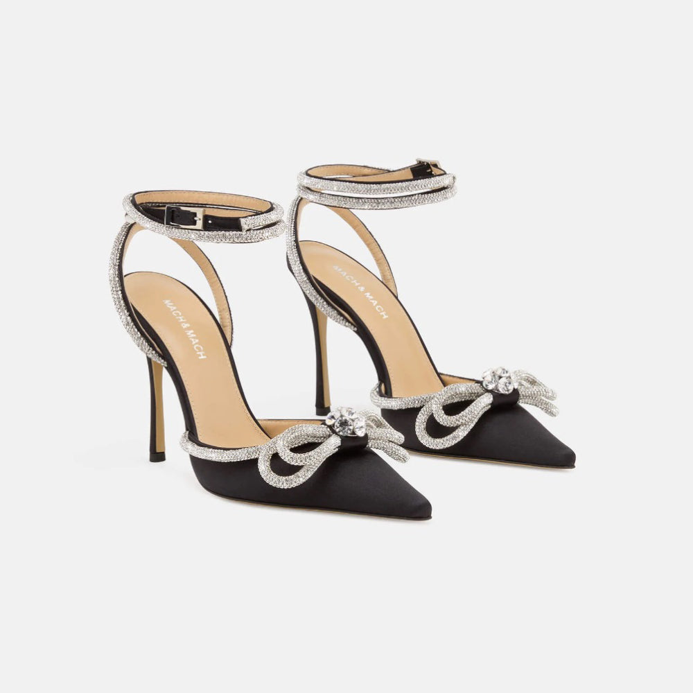 Mach & Mach Double Bow Black Satin Pumps