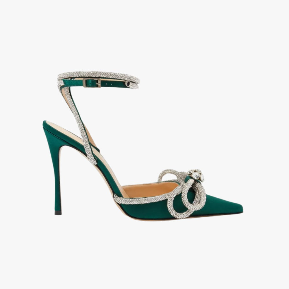 Mach & Mach Double Bow Dark Green Satin Pumps