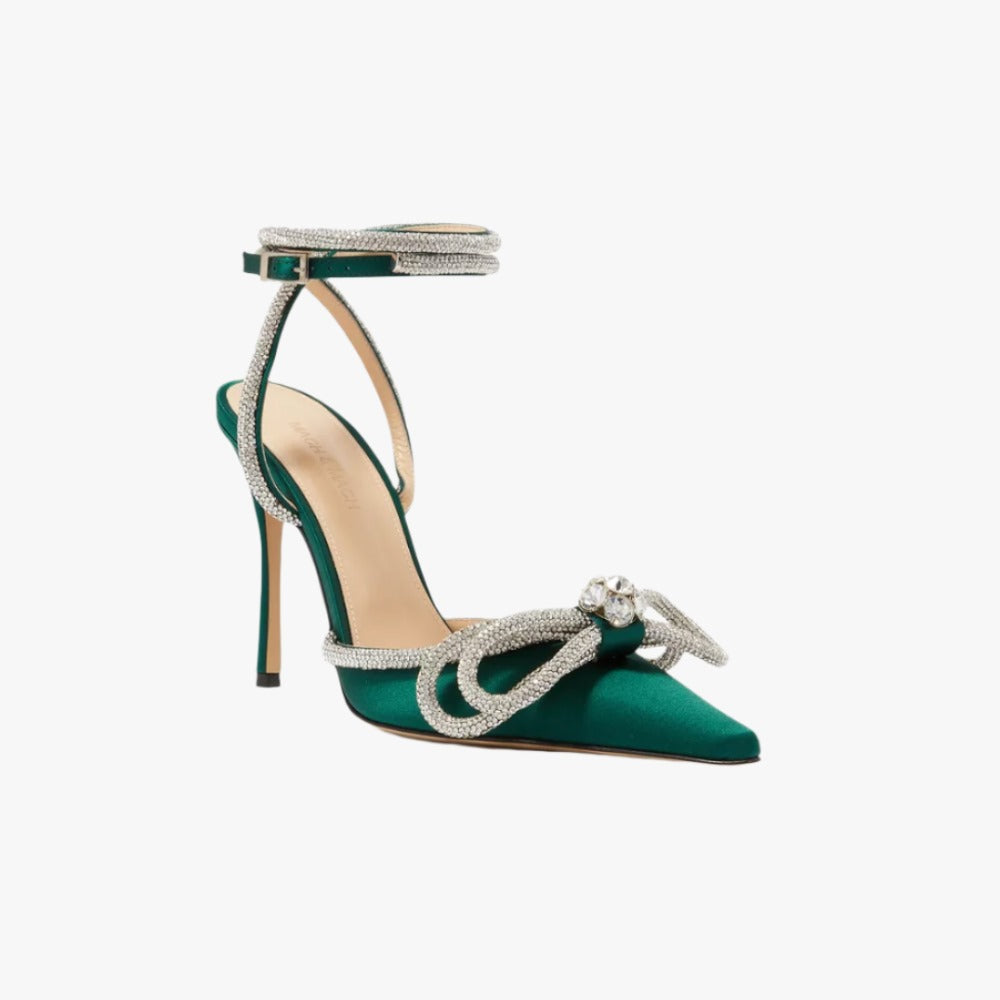 Mach & Mach Double Bow Dark Green Satin Pumps